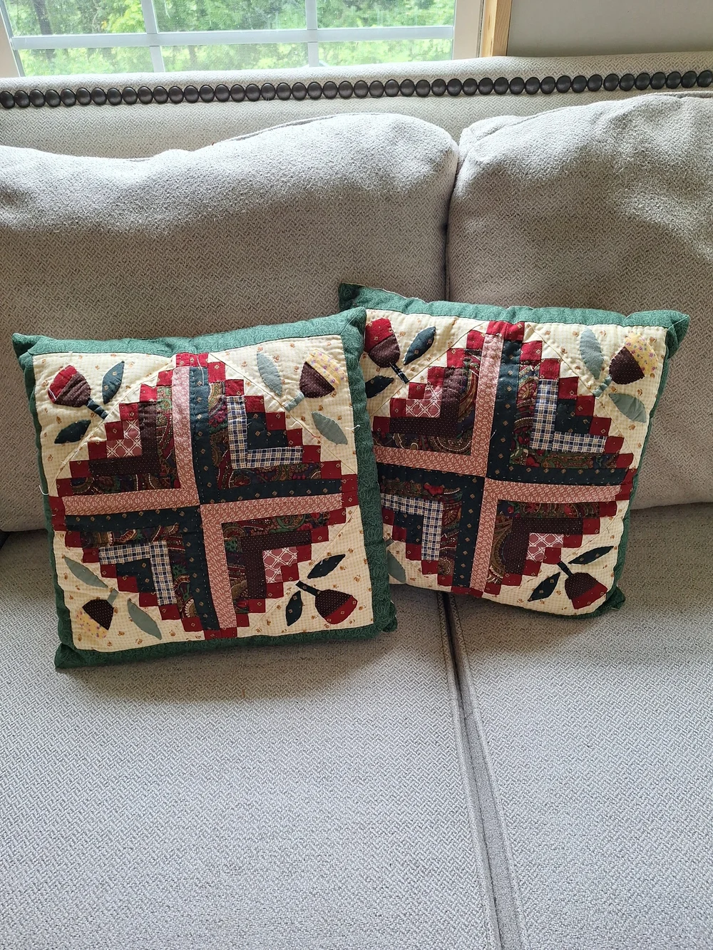 Handmade Patchwork Quilted Decorative Throw Pillow - Green & Multi